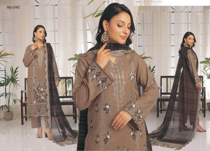 Sandal Lawn Collection – Premium Embroidered Chickankari & Laserkari Slub Lawn Shirt with Rangoli Dupatta