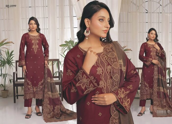 Sandal Lawn Collection – Premium Embroidered Chickankari & Laserkari Slub Lawn Shirt with Rangoli Dupatta
