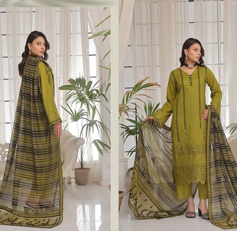 Sandal Lawn Collection – Premium Embroidered Chickankari & Laserkari Slub Lawn Shirt with Rangoli Dupatta