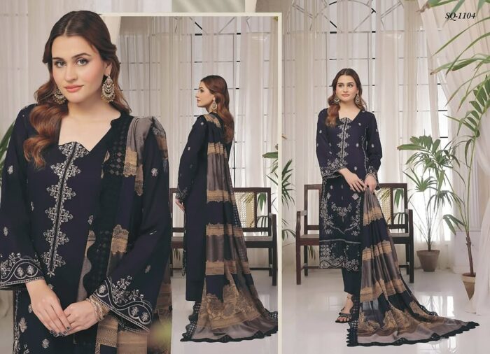 Sandal Lawn Collection – Premium Embroidered Chickankari & Laserkari Slub Lawn Shirt with Rangoli Dupatta